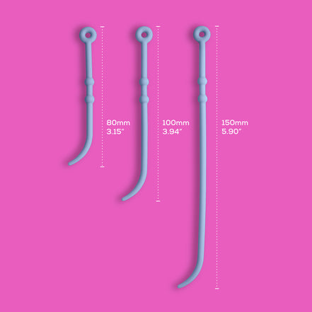 Product size guide for the Soma Flex® Cord Set Removal Cords showing the 3 options in a pink background