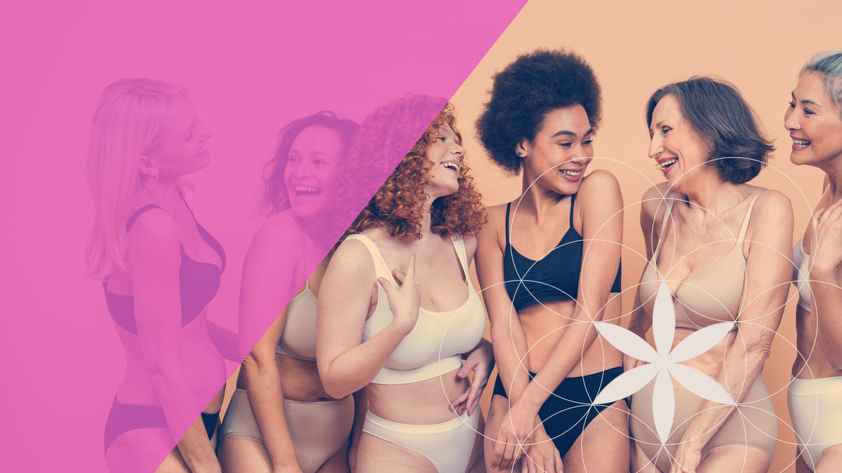Group of women in underwear with a pink and beige gradient background