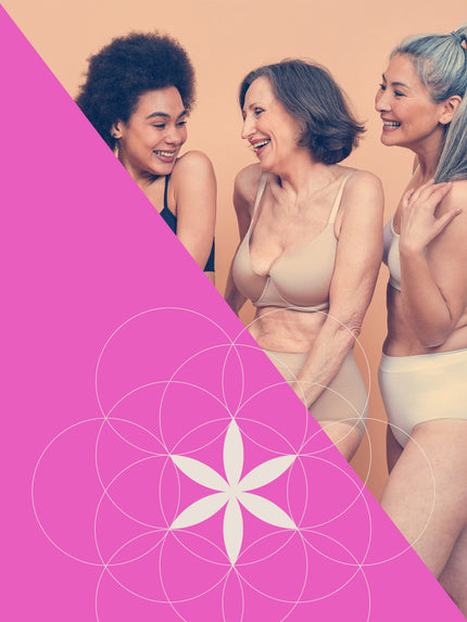 Three women in lingerie with a pink geometric design overlay