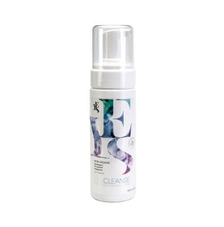 Foam cleanser bottle with a decorative label on a white background