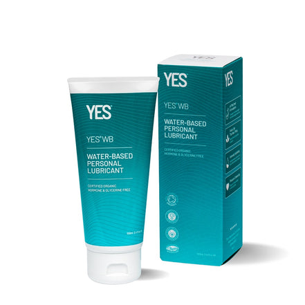 Tube and box of YES water-based personal lubricant on a white background