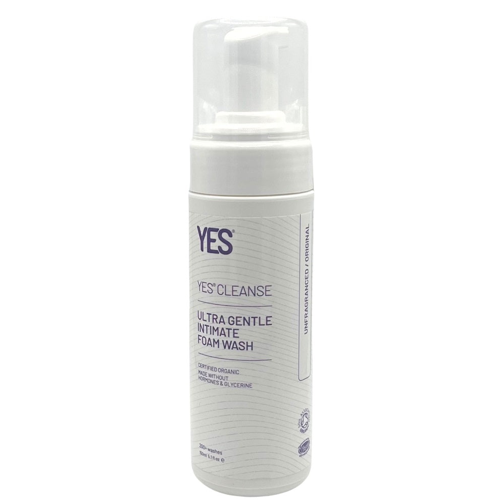 White bottle of YES Cleanse ultra gentle intimate foam wash on a white background