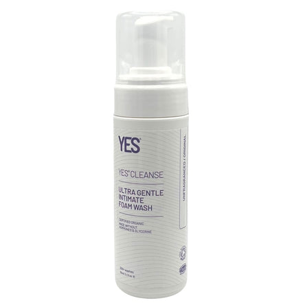 White bottle of YES Cleanse ultra gentle intimate foam wash on a white background
