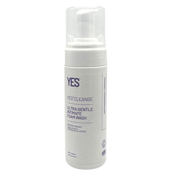White bottle of YES Cleanse ultra gentle intimate foam wash on a white background