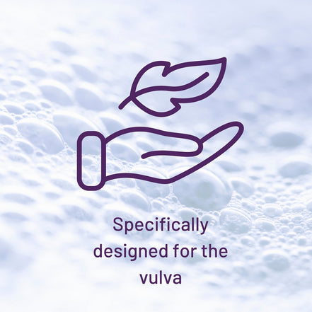Purple icon of a hand holding a leaf on a textured light blue background with text 'Specifically designed for the vulva'.