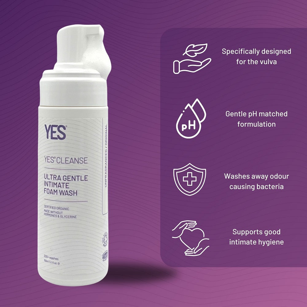 YES Cleanse foam wash bottle with features on a purple background