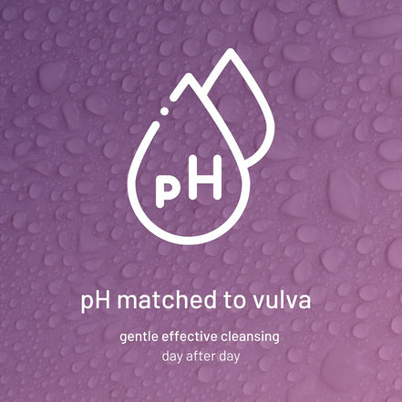 Purple background with water droplets and pH symbol, text 'pH matched to vulva' and 'gentle effective cleansing day after day'.