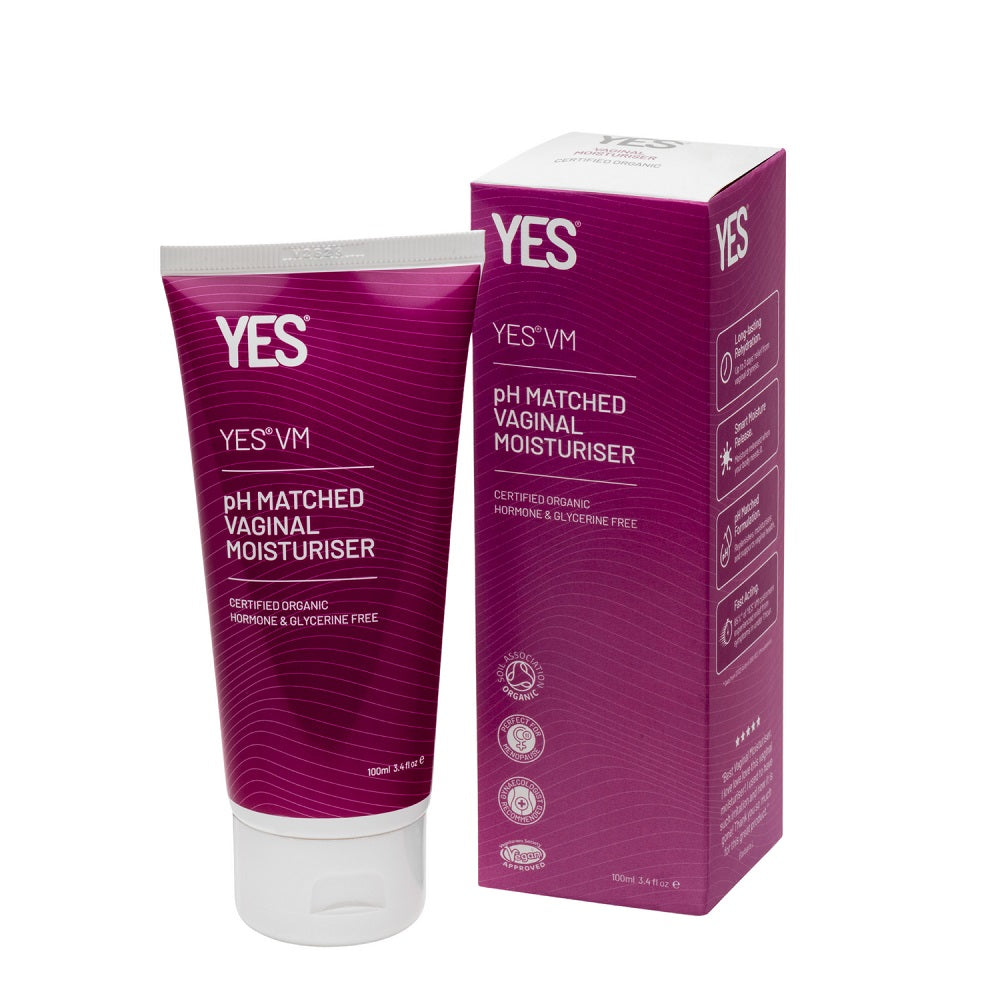 Purple tube and box of YES VM pH Matched Vaginal Moisturizer on a white background