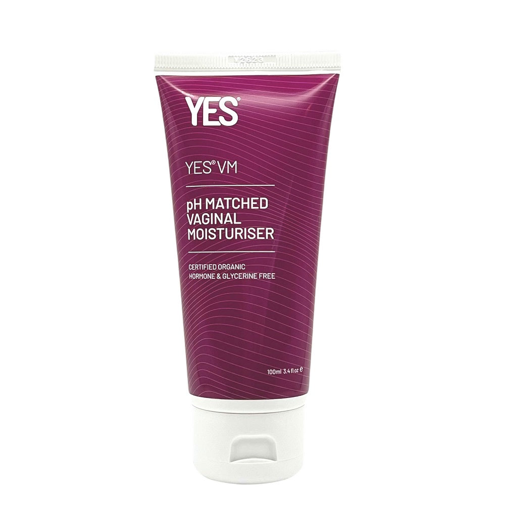 Purple tube of YES VM pH Matched Vaginal Moisturizer on a white background