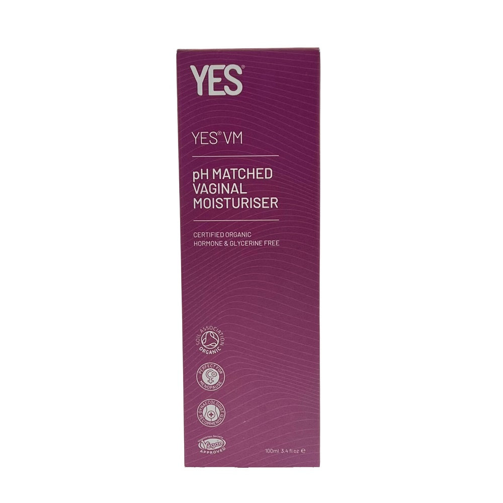 Purple box of YES VM pH Matched Vaginal Moisturizer on a white background