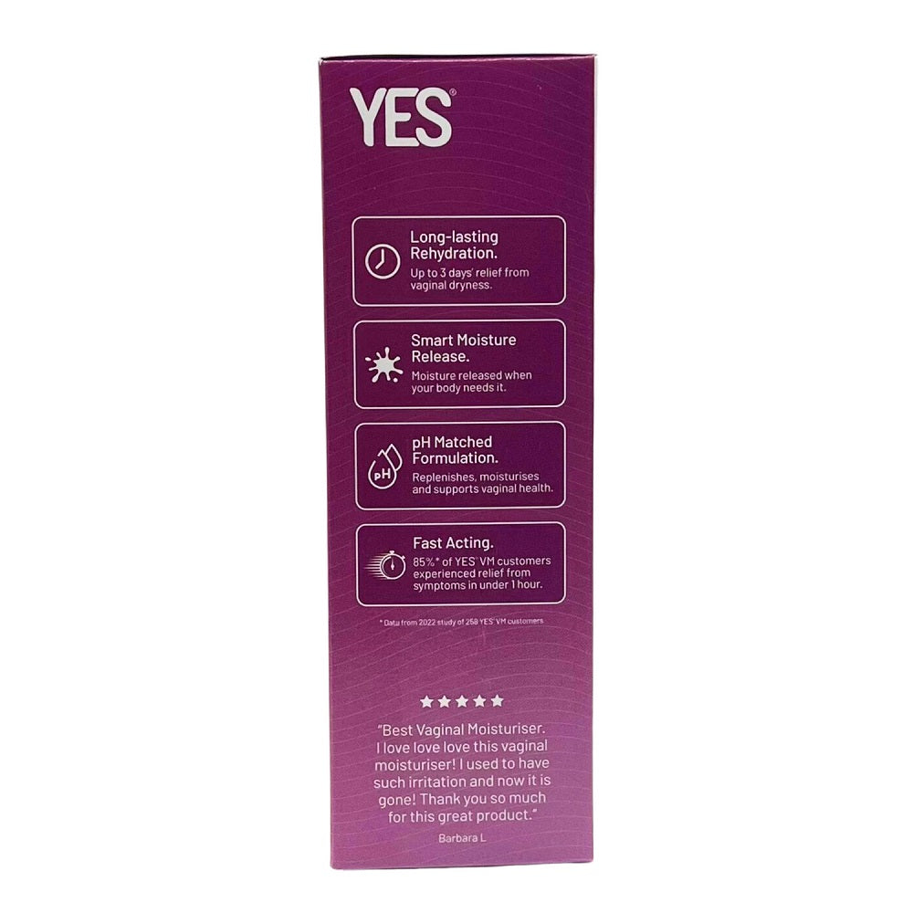 Purple packaging with 'YES' branding and product features on a white background