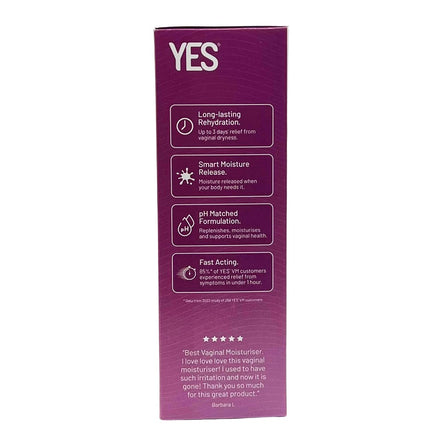 Purple packaging with 'YES' branding and product features on a white background