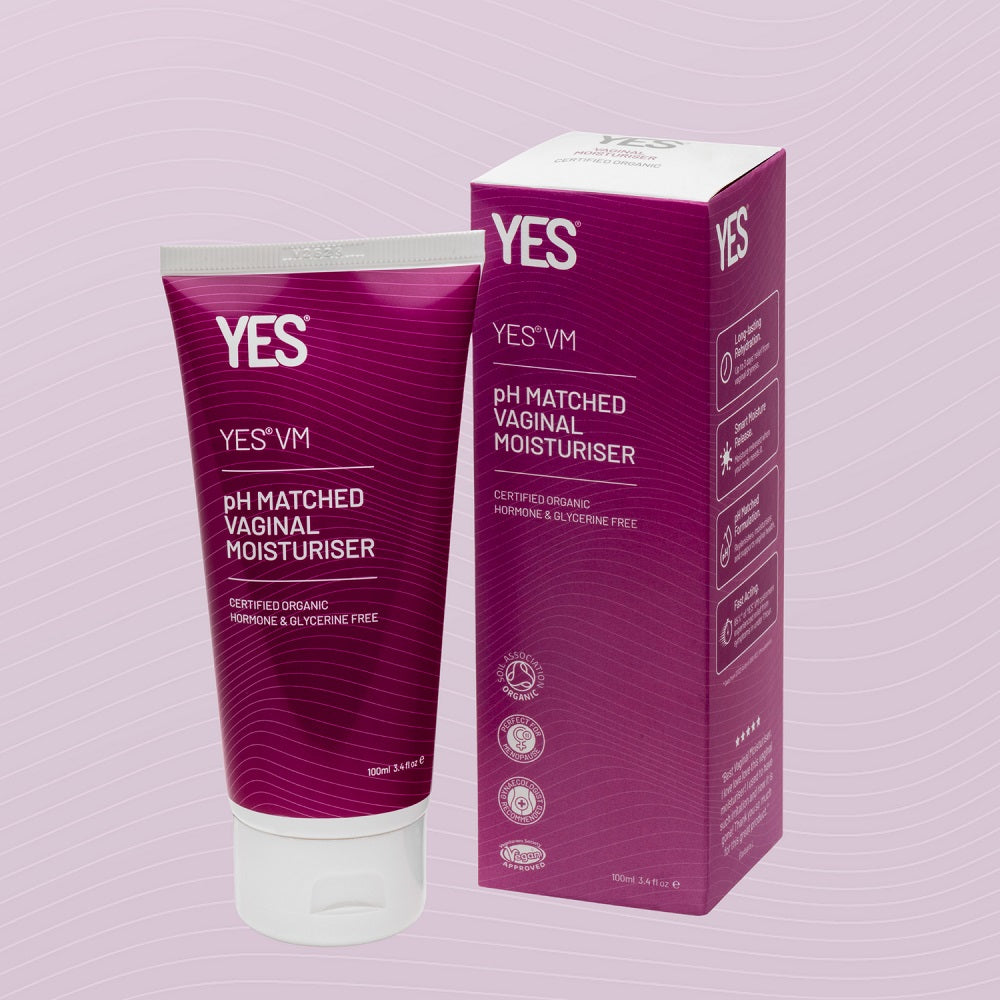 YES VM pH Matched Vaginal Moisturizer tube and packaging on a light purple background
