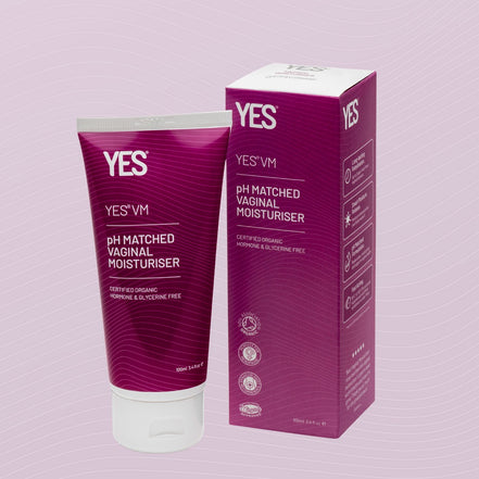 YES VM pH Matched Vaginal Moisturizer tube and packaging on a light purple background