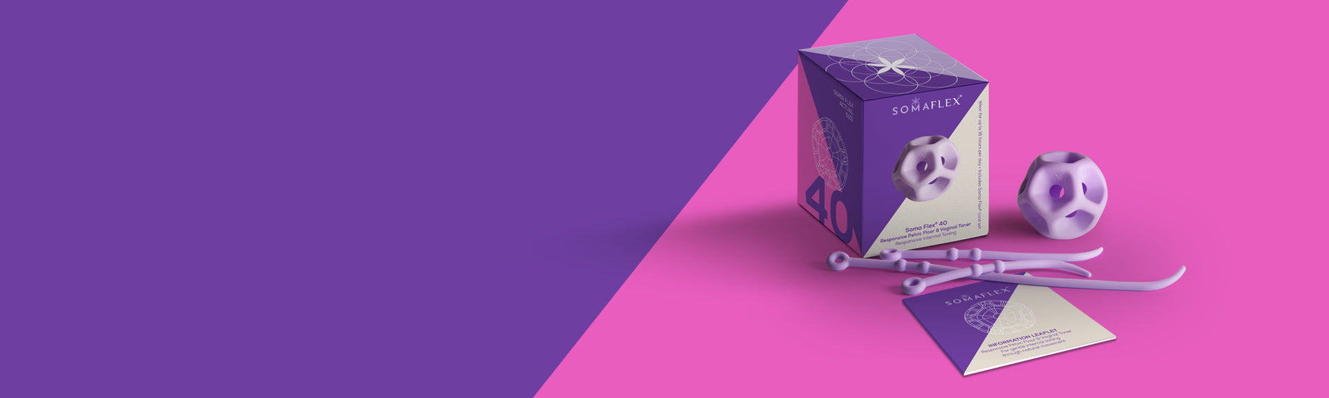 Purple product packaging with a small device on a two-tone purple background