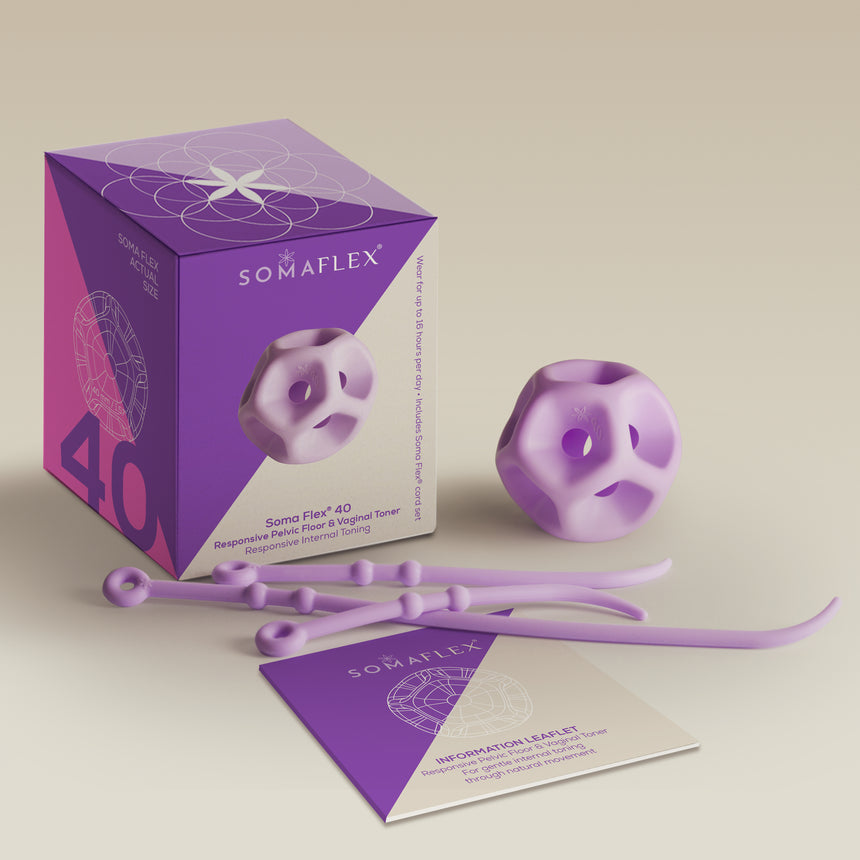 Somaflex 40 product with packaging and leaflet on a beige background