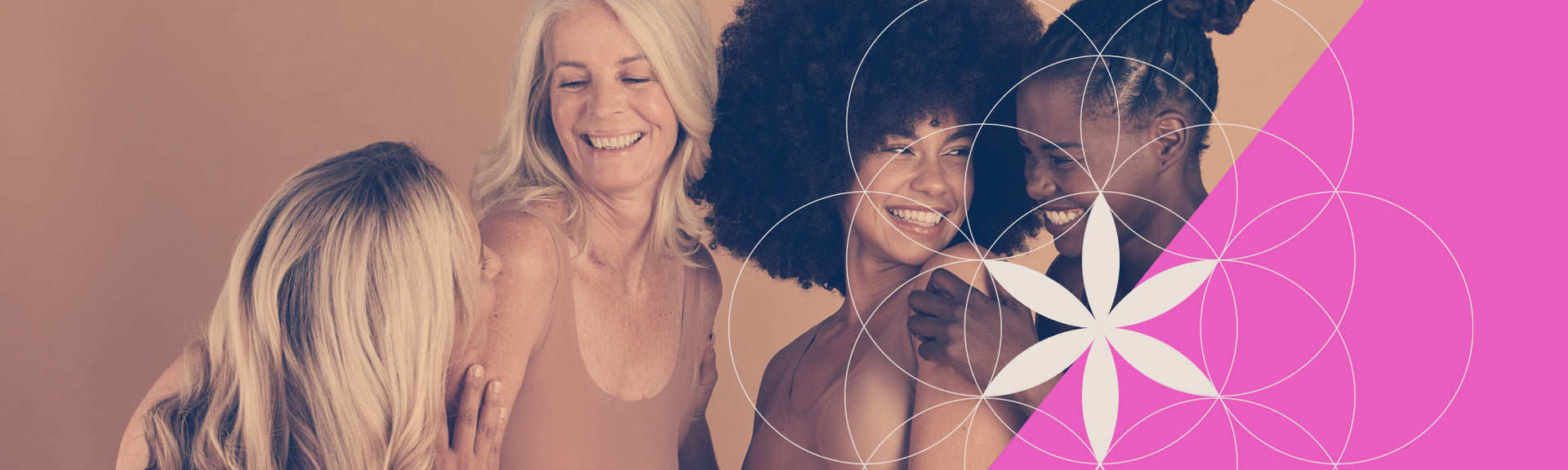 Three women hugging with a pink and white flower graphic on a brown background