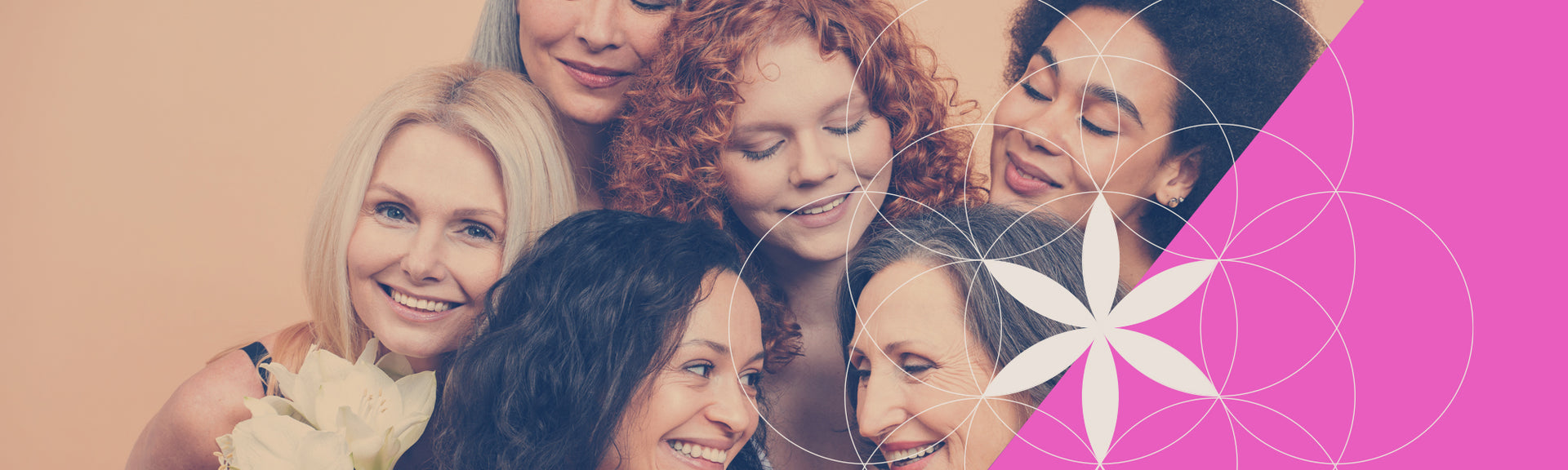 Group of women with a pink and beige background