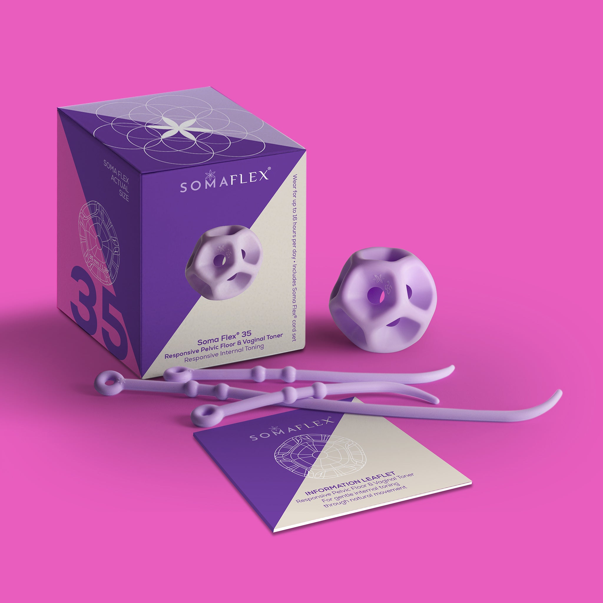 Soma Flex 35 product set with packaging, purple device, and leaflet on a pink background