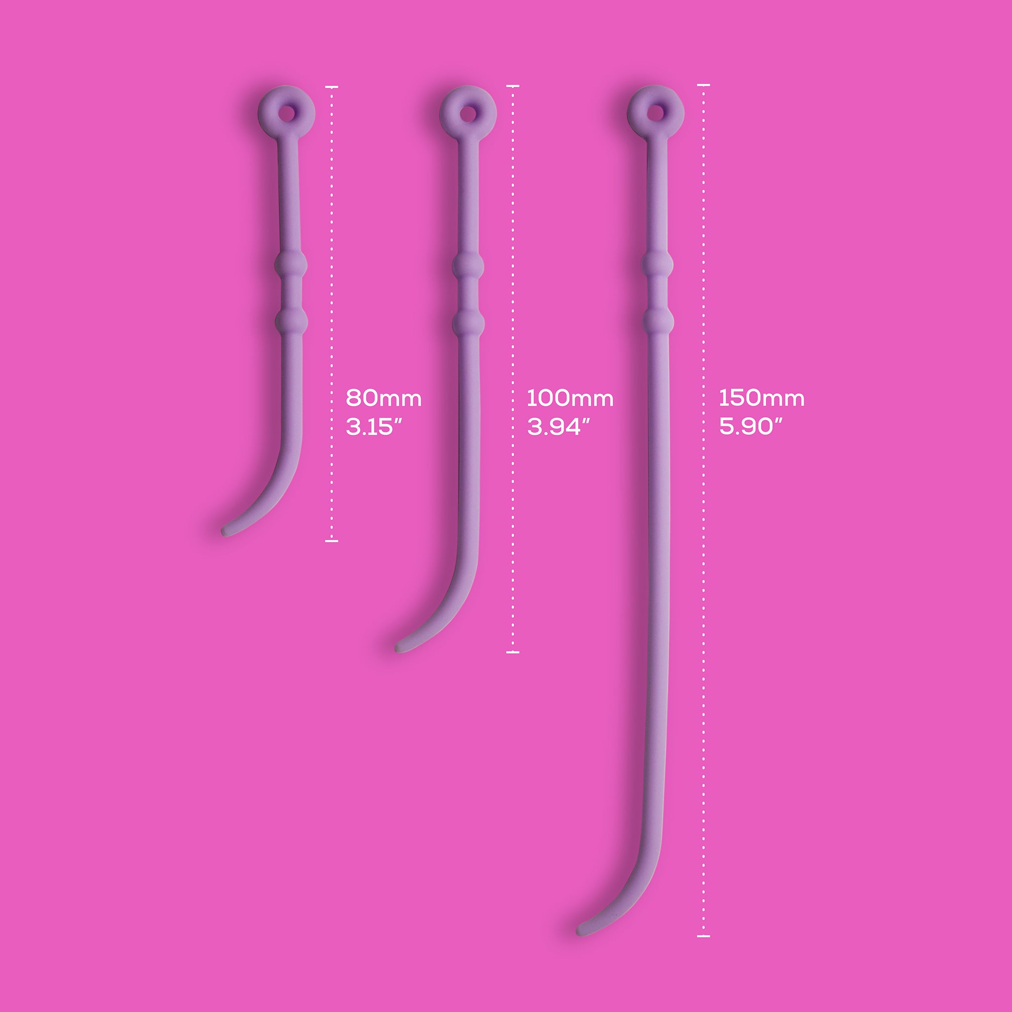 Product size guide for the Soma Flex® Cord Set Removal Cords showing the 3 options in a pink background