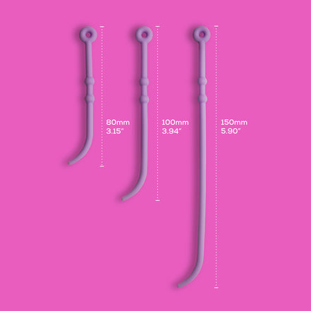 Product size guide for the Soma Flex® Cord Set Removal Cords showing the 3 options in a pink background