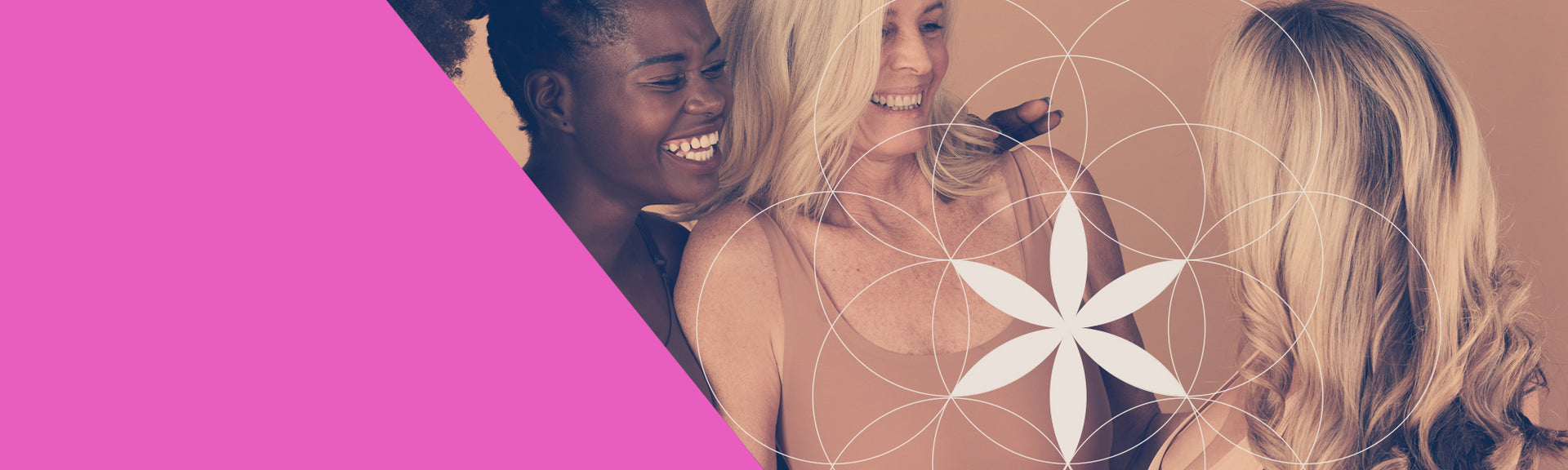 Three women smiling and interacting with a pink and purple geometric design on the left side.